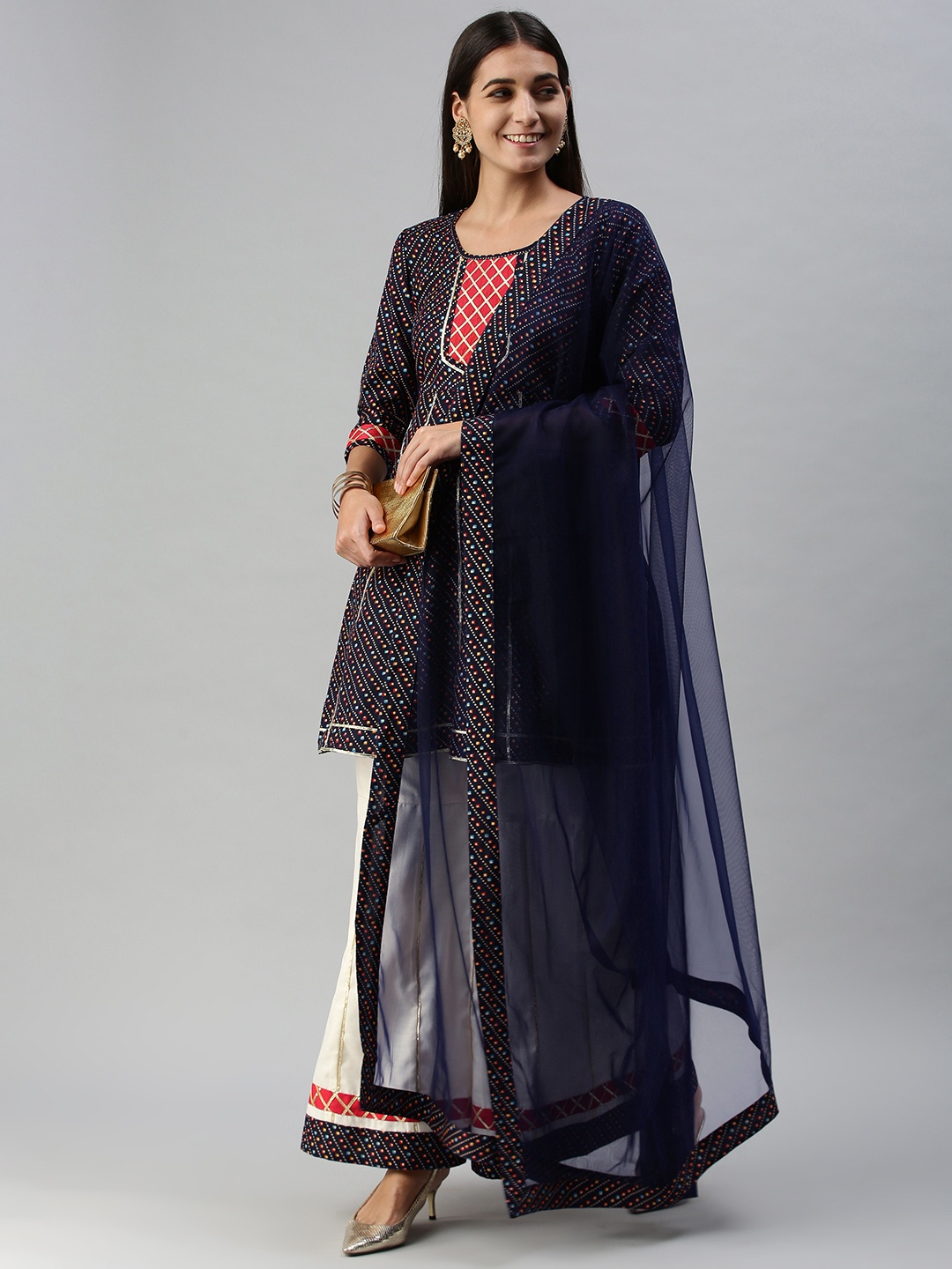 

SheWill Women Navy Blue Bandhani Printed Panelled Gotta Patti Kurta with Palazzos & With Dupatta