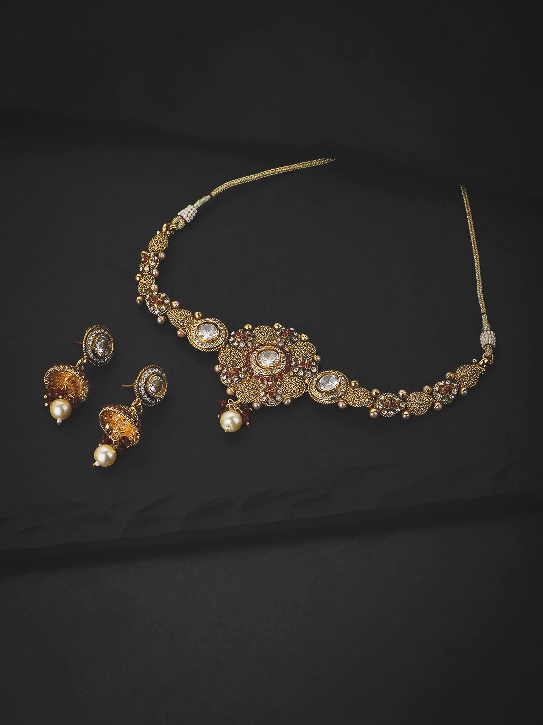 

KOLHA-BY CARLTON Gold-Plated Pink Stone Studded Necklace and Earrings Set