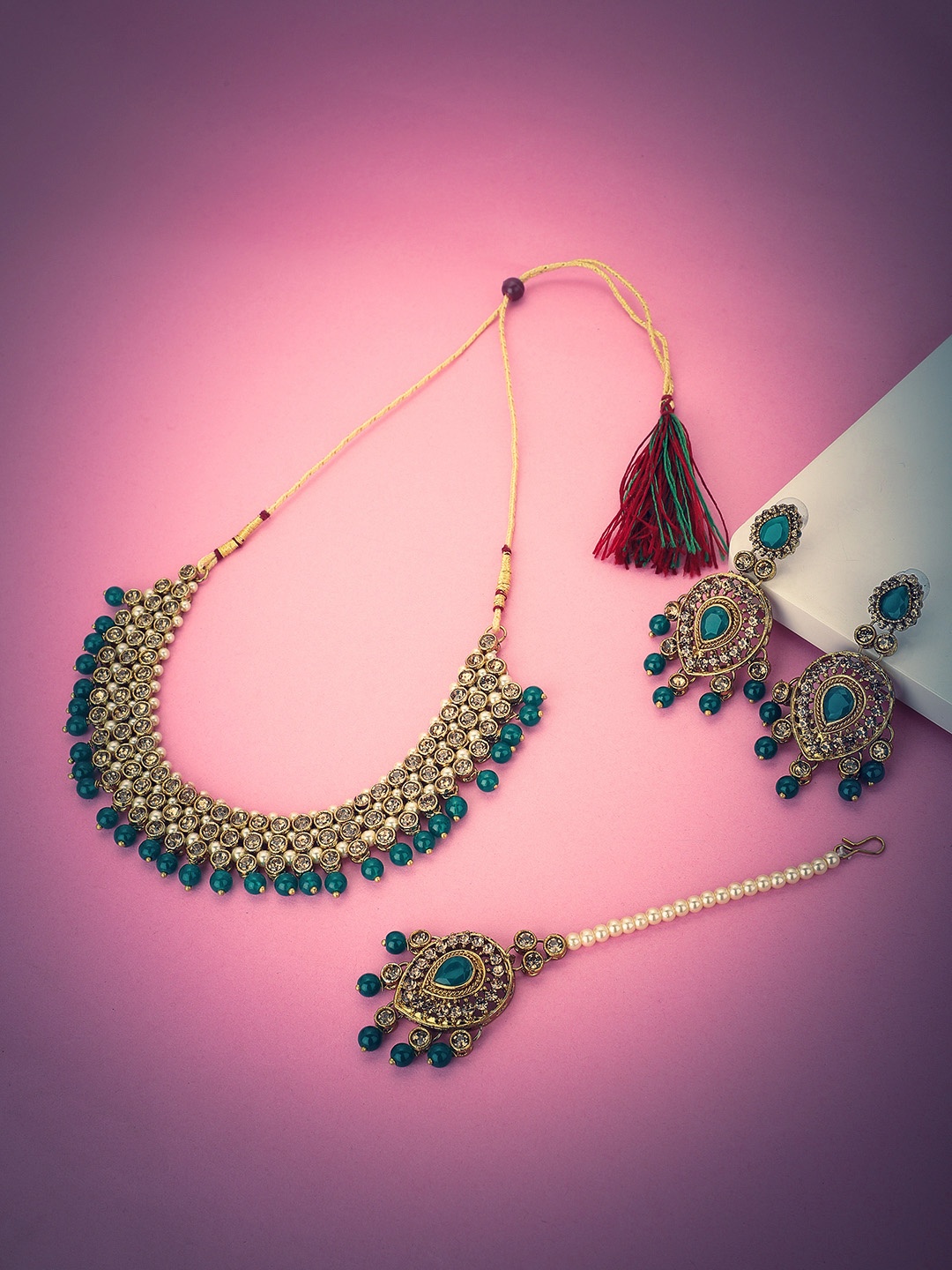 

KOLHA-BY CARLTON Gold-Plated & Green Stone Studded & Pearl Beaded Jewellery Set