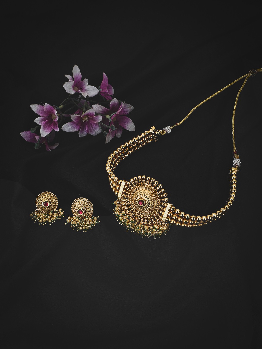 

KOLHA-BY CARLTON Gold Plated Red & Green Stone-Studded Pearl Beaded Jewellery Set