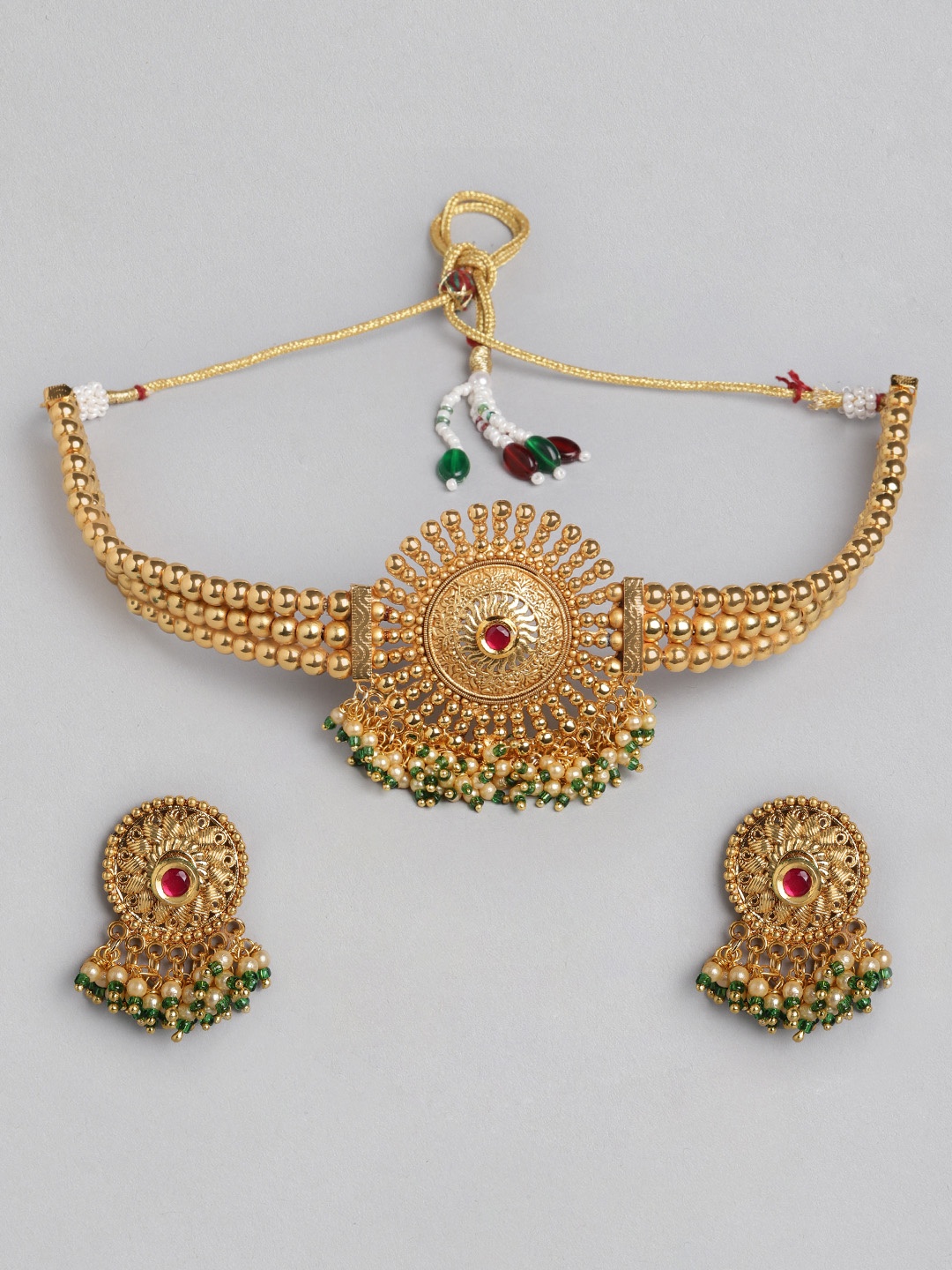 

KOLHA-BY CARLTON Gold-Plated Kundan ,Red & Green Studded & Pearl Beaded Necklace Set