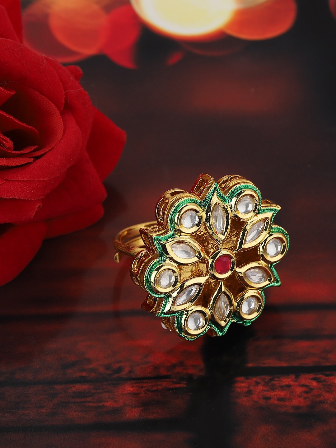 

KOLHA-BY CARLTON Gold-Plated & Green Kundan-Studded Enamelled Finger Ring