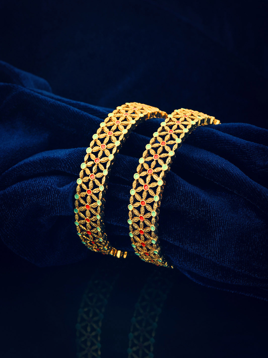 

KOLHA-BY CARLTON Set of 2 Green Gold-Plated Enamelled Handcrafted Bangles