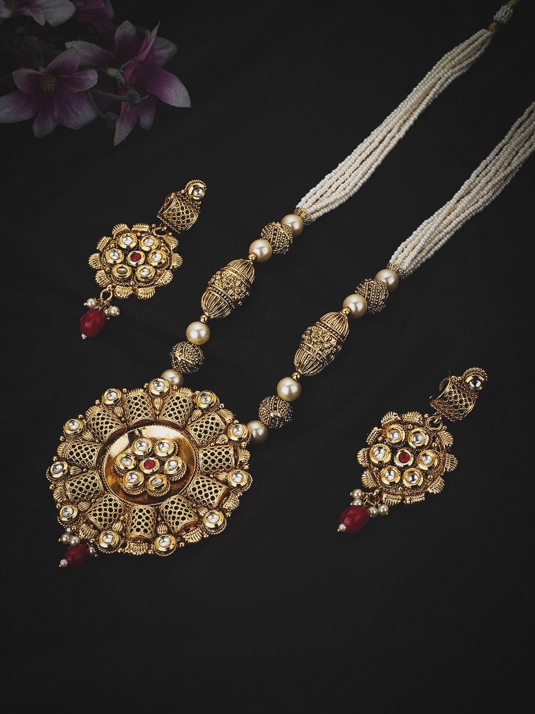 

KOLHA-BY CARLTON Gold-Plated Kundan Pink Stone Studded Pearl Necklace & Earrings Set