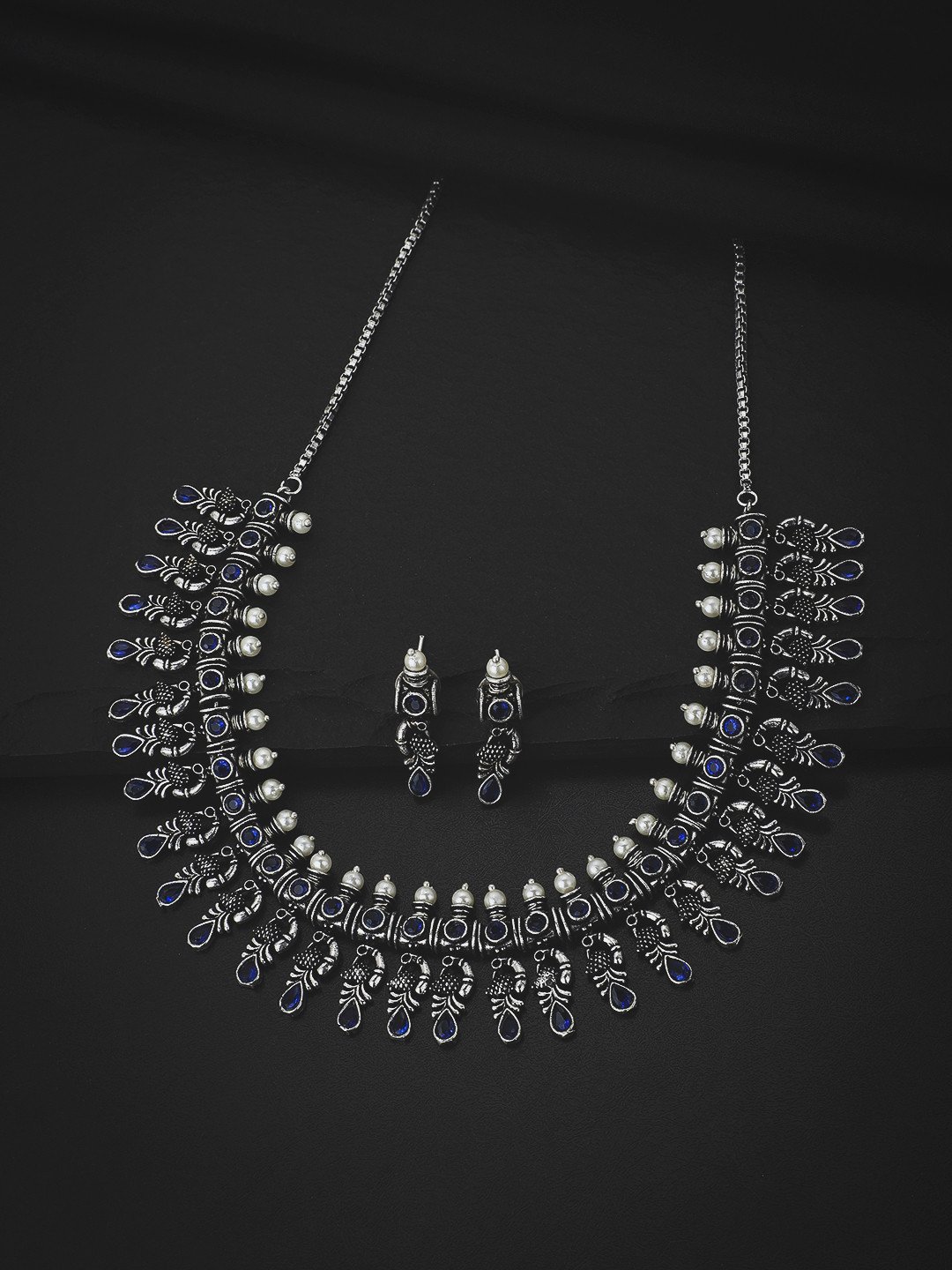 

KOLHA-BY CARLTON Silver Oxidised-Plated Blue Stone CZ Studded Necklace Set