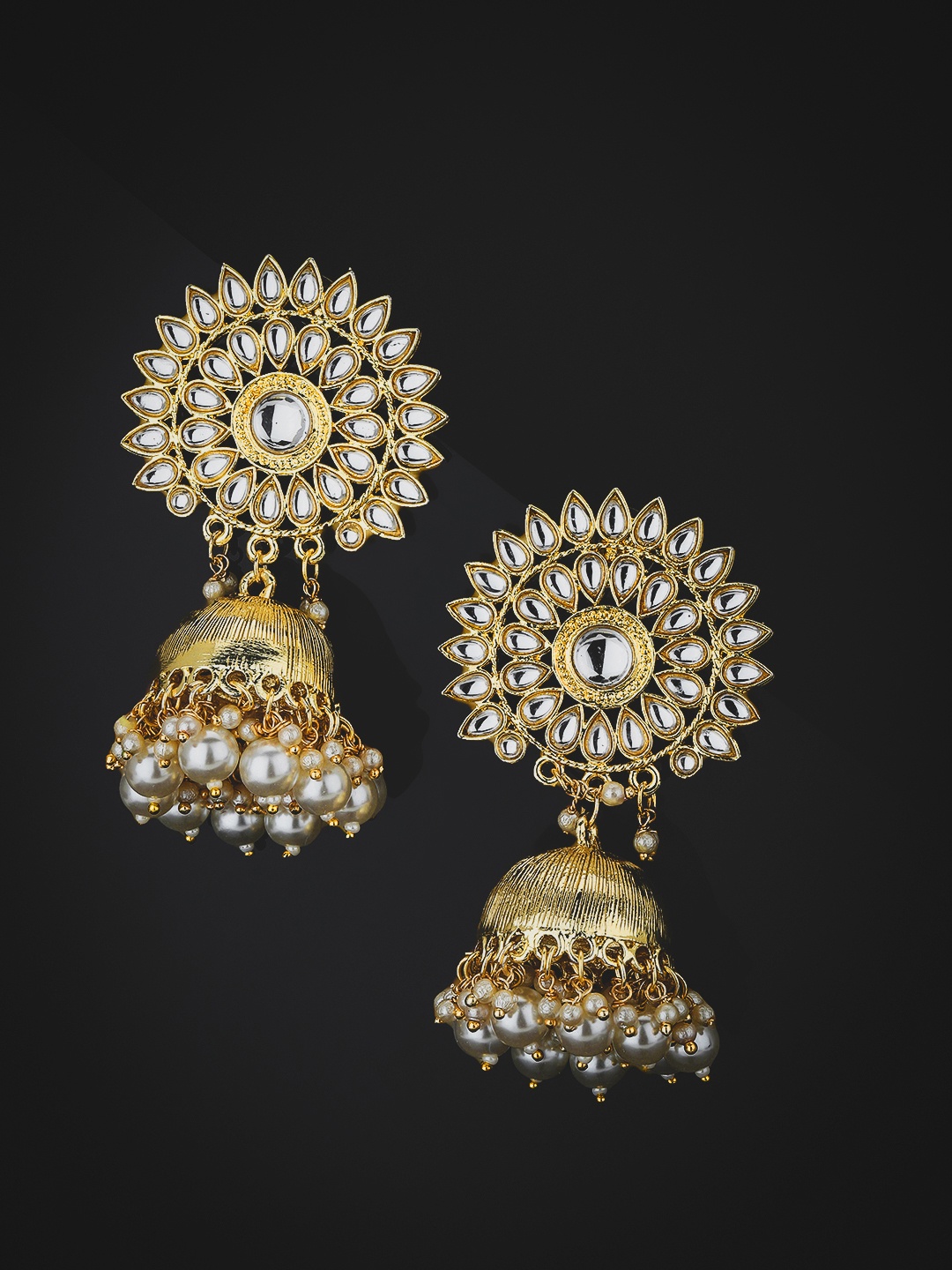 

KOLHA-BY CARLTON Off White Gold-Plated Stone Studded & Beaded Dome Shaped Jhumkas