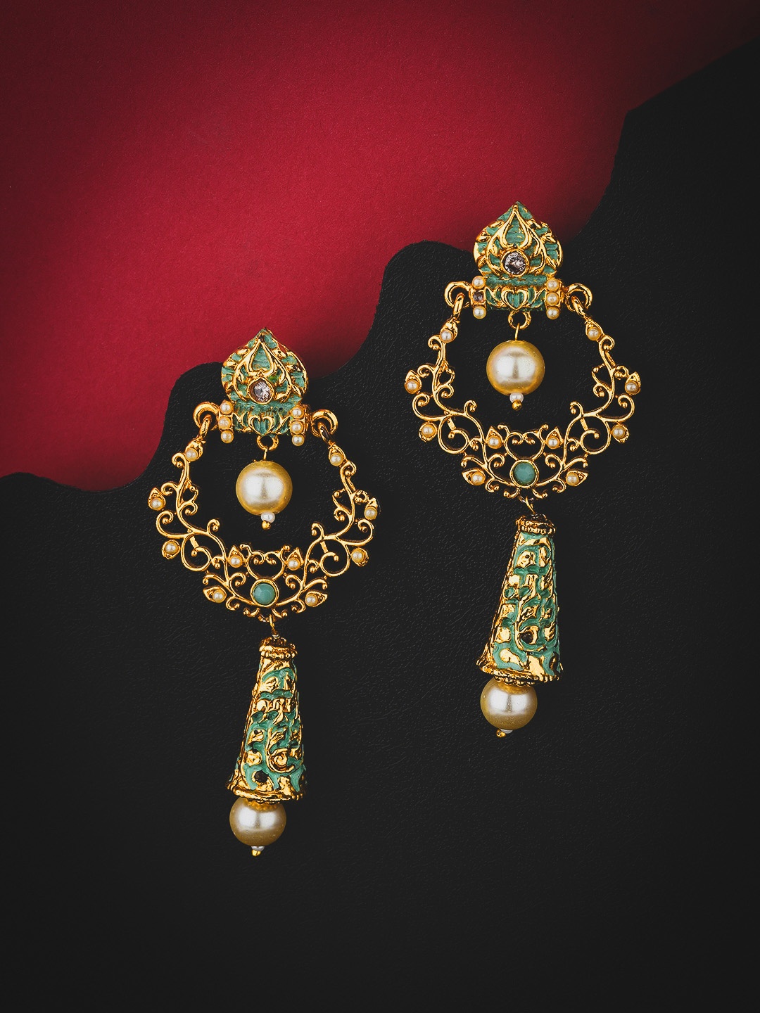 

KOLHA-BY CARLTON Green Gold-Plated Beaded Enamelled Classic Drop Earrings