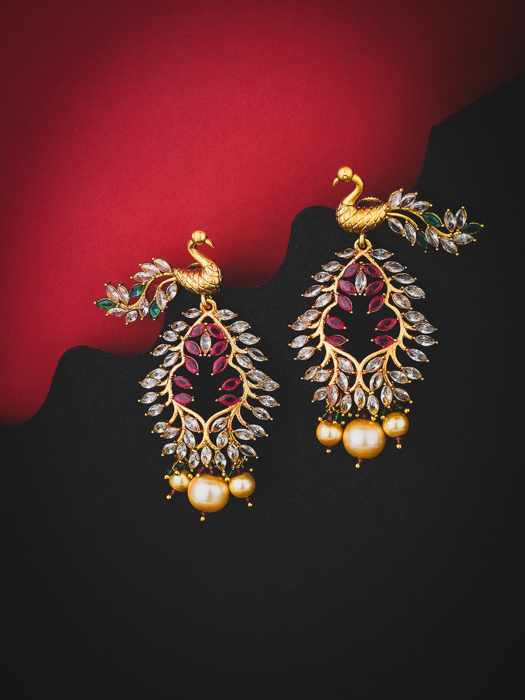 

KOLHA-BY CARLTON Pink Gold-Plated Stone Studded & Beaded Peacock Shaped Drop Earrings