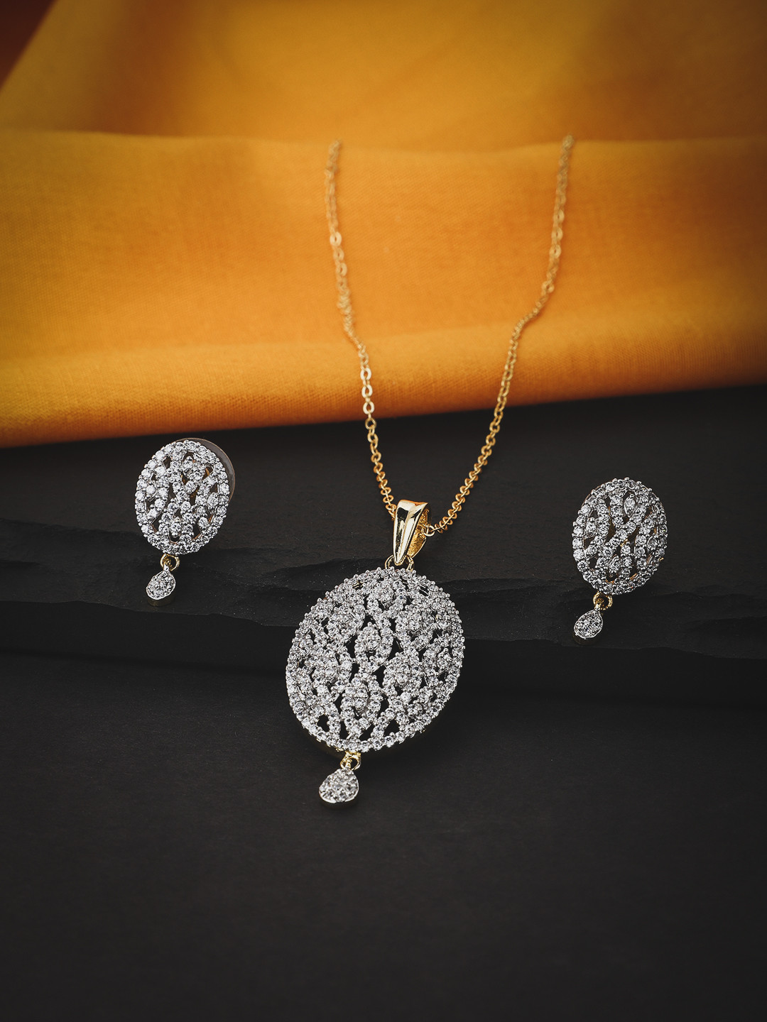 

KOLHA-BY CARLTON Gold-Plated Stone Studded Geometric Drop Necklace and Earrings Set