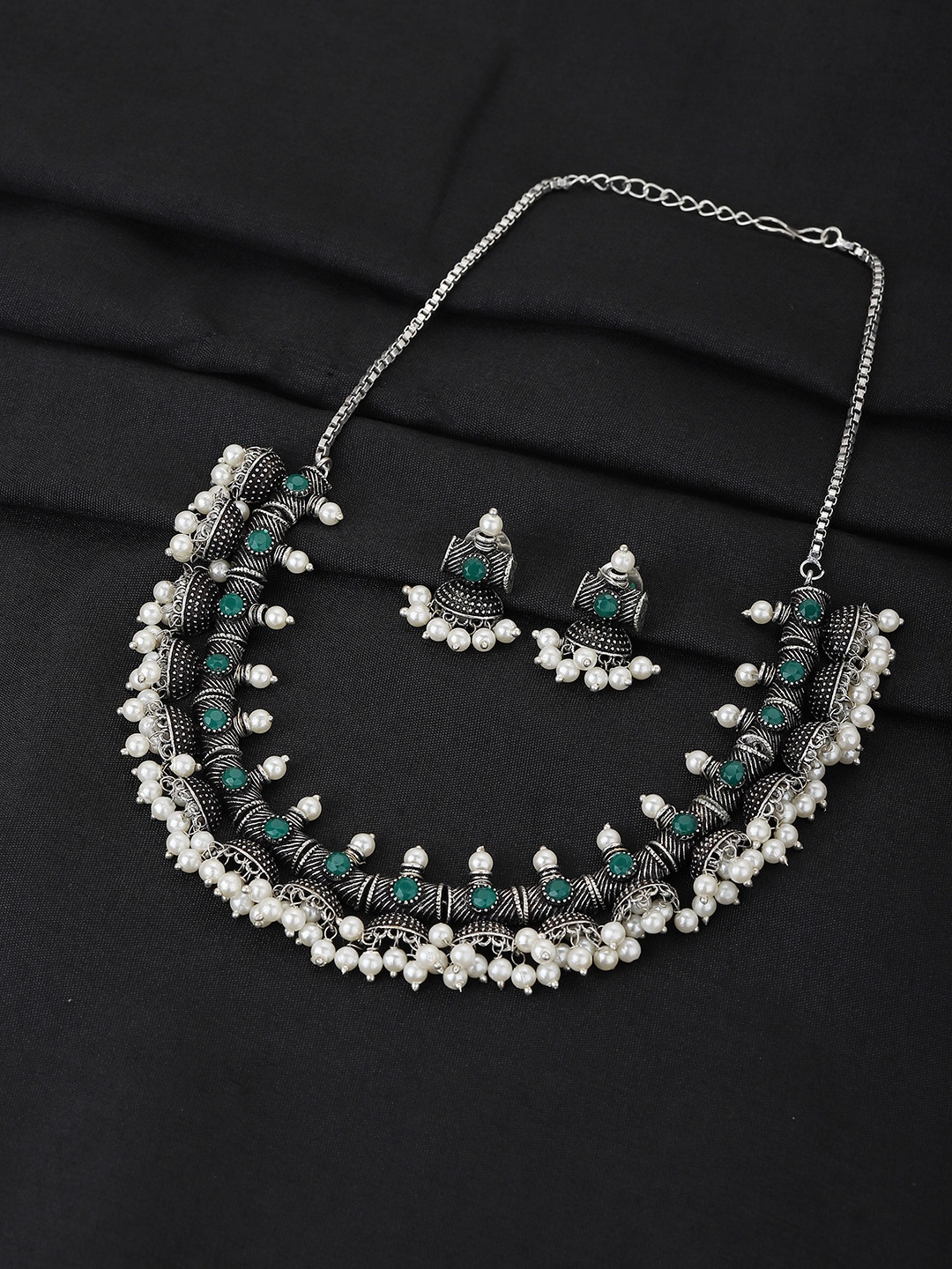 

KOLHA-BY CARLTON Silver Oxidised-Plated Green Stone Studded & Pearl Beaded Necklace Set