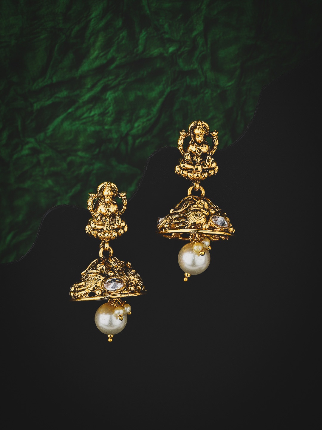 

KOLHA-BY CARLTON Gold-Plated Stone Studded & Beaded Dome Shaped Lakshmi Detail Jhumkas