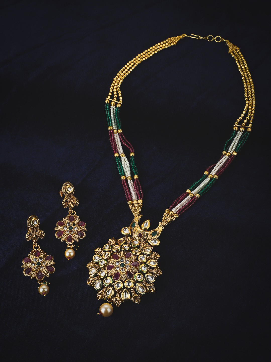 

KOLHA-BY CARLTON Gold-Plated Pink & Green Kundan Stone Studded Pearl Beaded Necklace Set