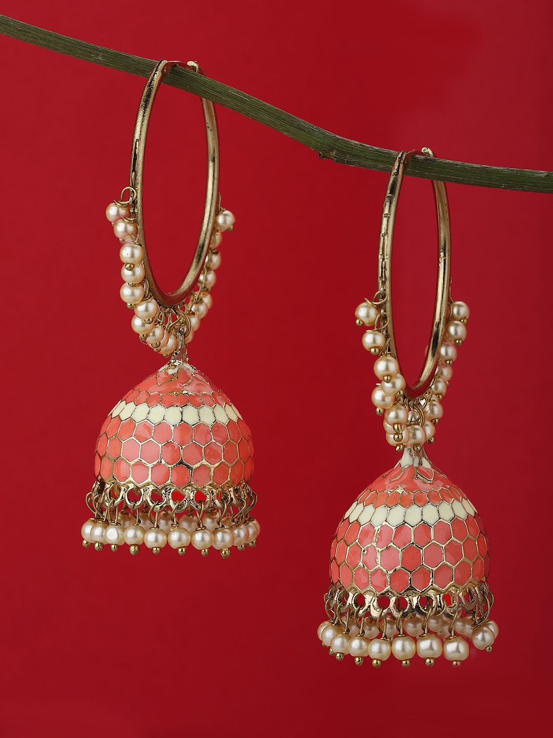 

KOLHA-BY CARLTON Pink Gold-Plated Beaded Enamelled Dome Shaped Jhumkas Earrings