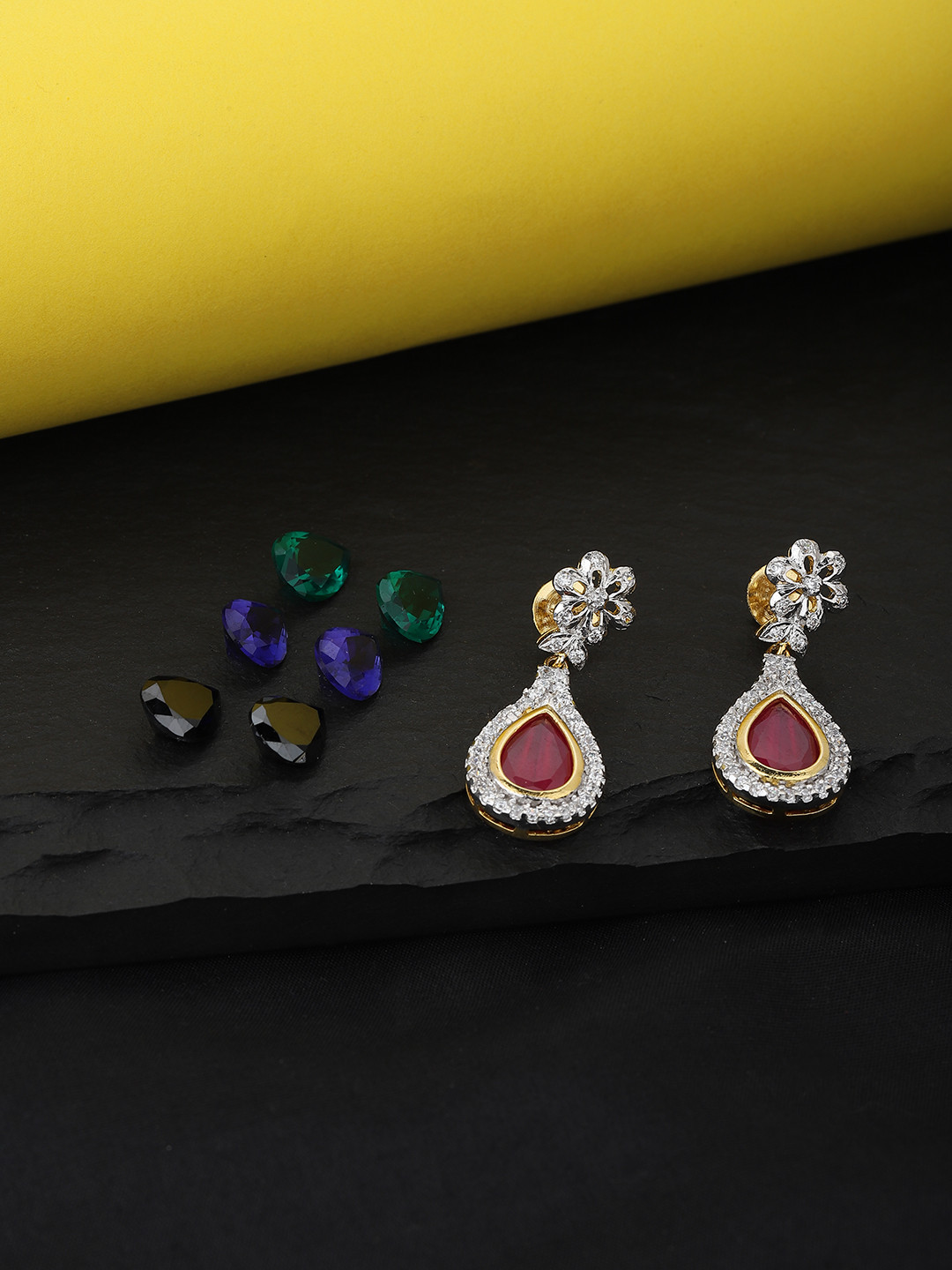 

KOLHA-BY CARLTON Red Gold-Plated CZ Stone Studded Drop Earrings with Changeable Stones