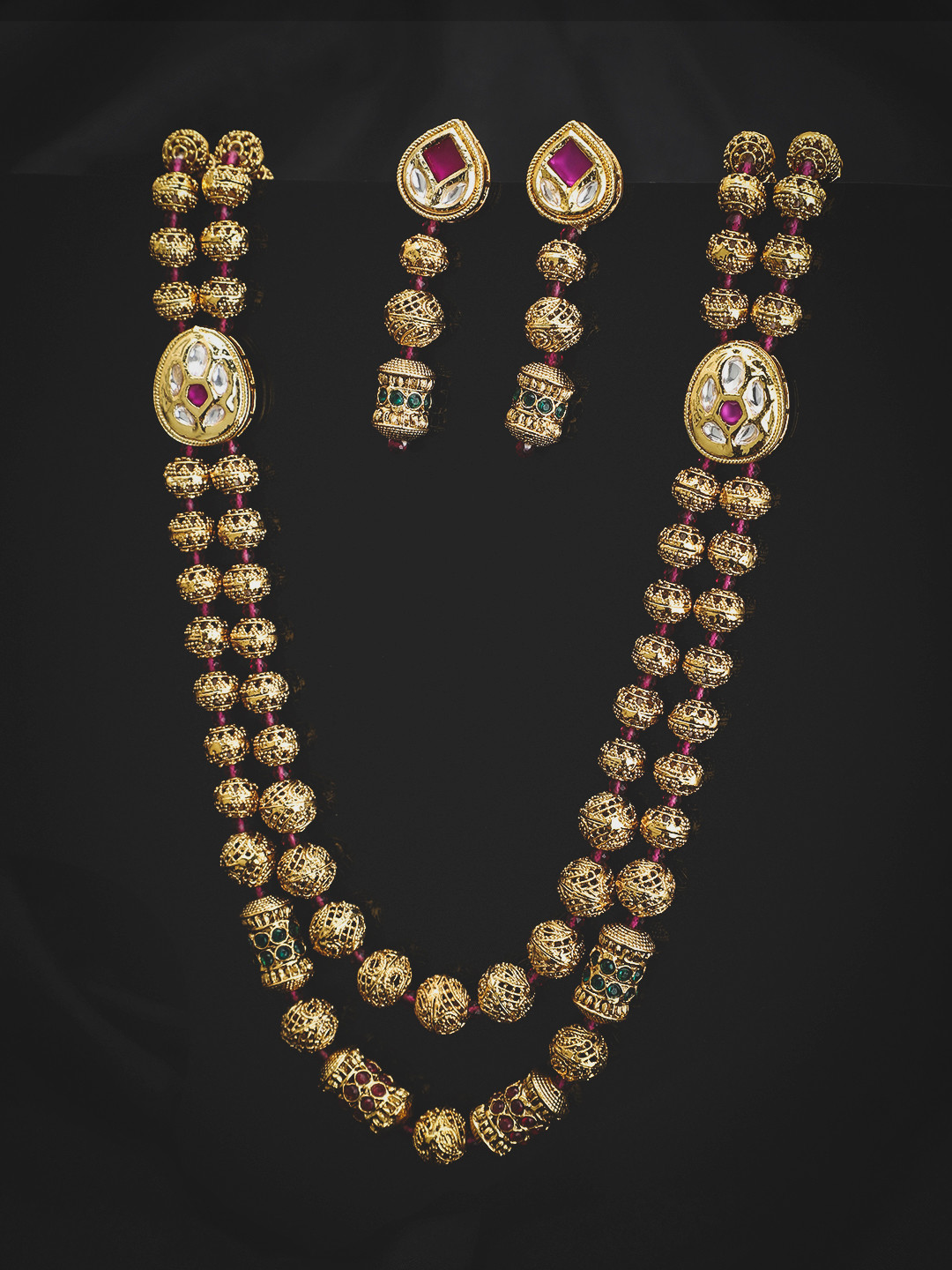 

KOLHA-BY CARLTON Gold-Plated Pink Kundan Pink & Green Studded Necklace and Earrings Set