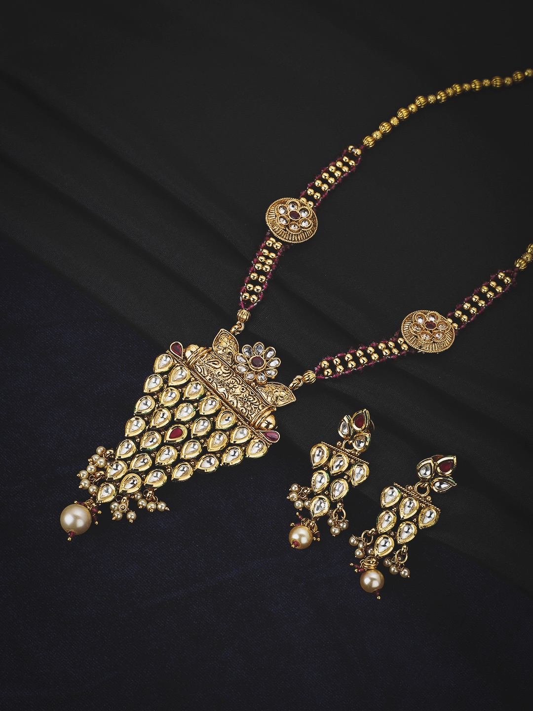 

KOLHA-BY CARLTON Gold-Plated Stone Studded Drop Necklace and Earrings Set