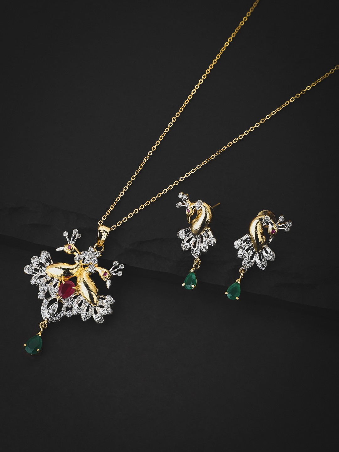 

KOLHA-BY CARLTON Gold-Plated Red Stone Studded Peacock Drop Necklace and Earrings Set