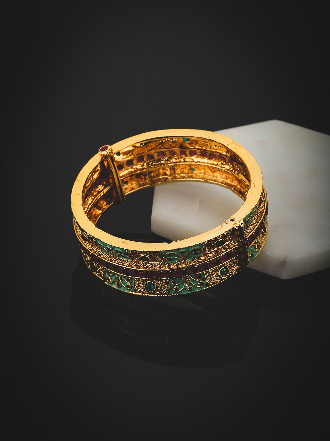 

KOLHA-BY CARLTON Gold-Plated Red & Green Stone-Studded Enamelled Handcrafted Kada