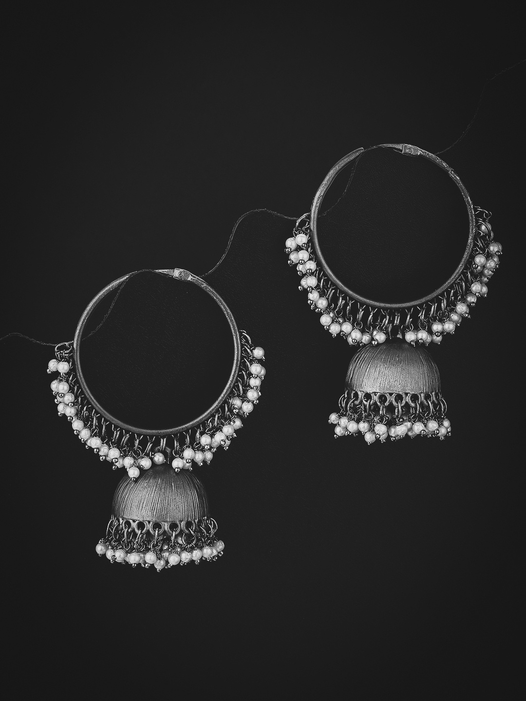 

KOLHA-BY CARLTON Oxidised Silver-Toned & Off White Beaded Dome Shaped Jhumkas