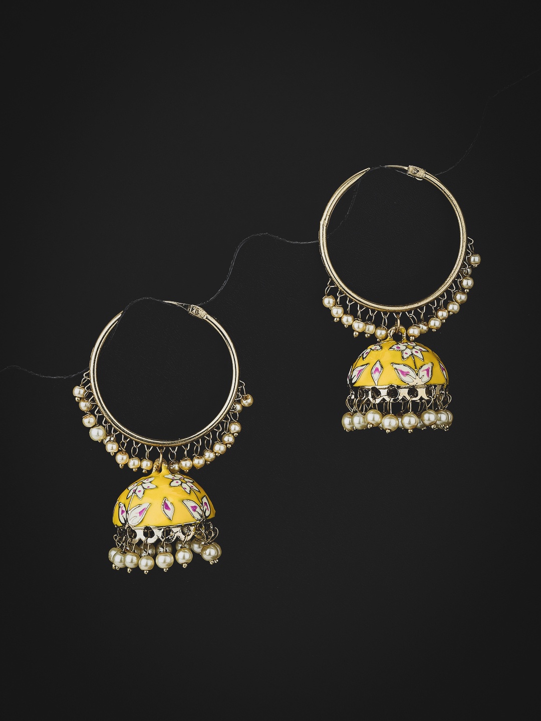 

KOLHA-BY CARLTON Yellow Gold-Plated Beaded Enamelled Dome Shaped Jhumkas Earrings