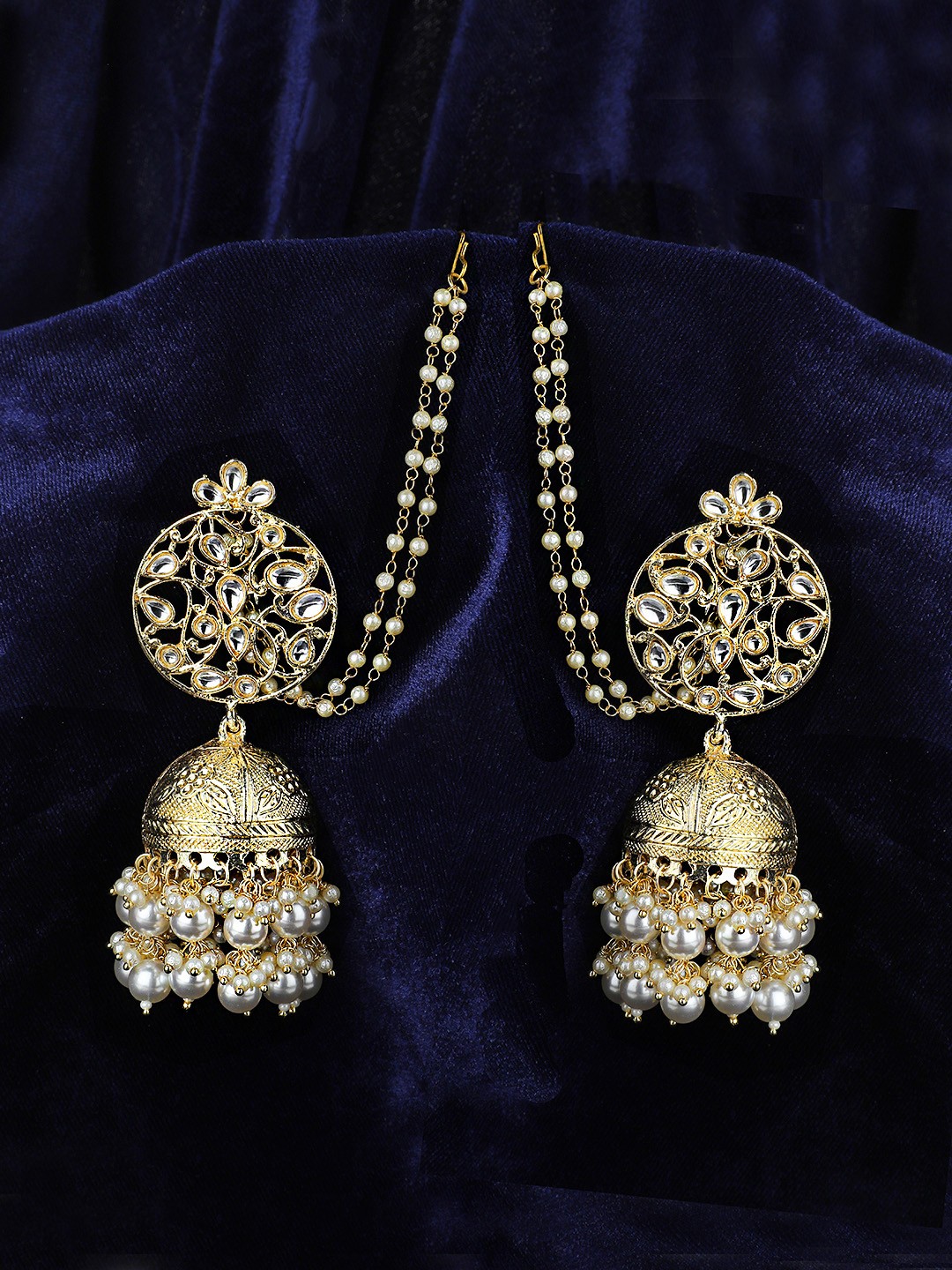 

KOLHA-BY CARLTON Off White Gold-Plated Stone Studded & Beaded Jhumkas with Chain