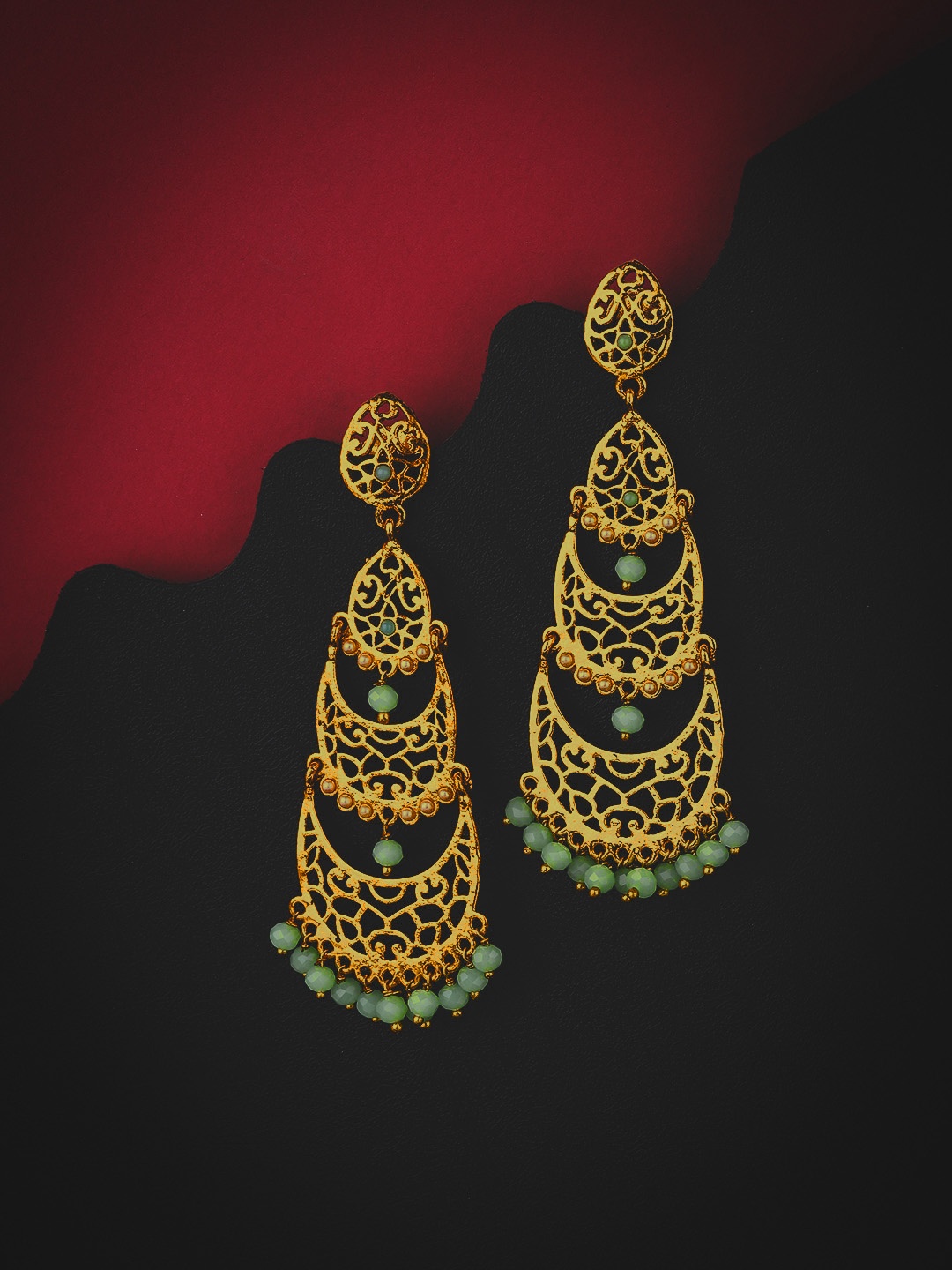 

KOLHA-BY CARLTON Gold-Toned & Green Crescent Shaped Chandbalis Earrings