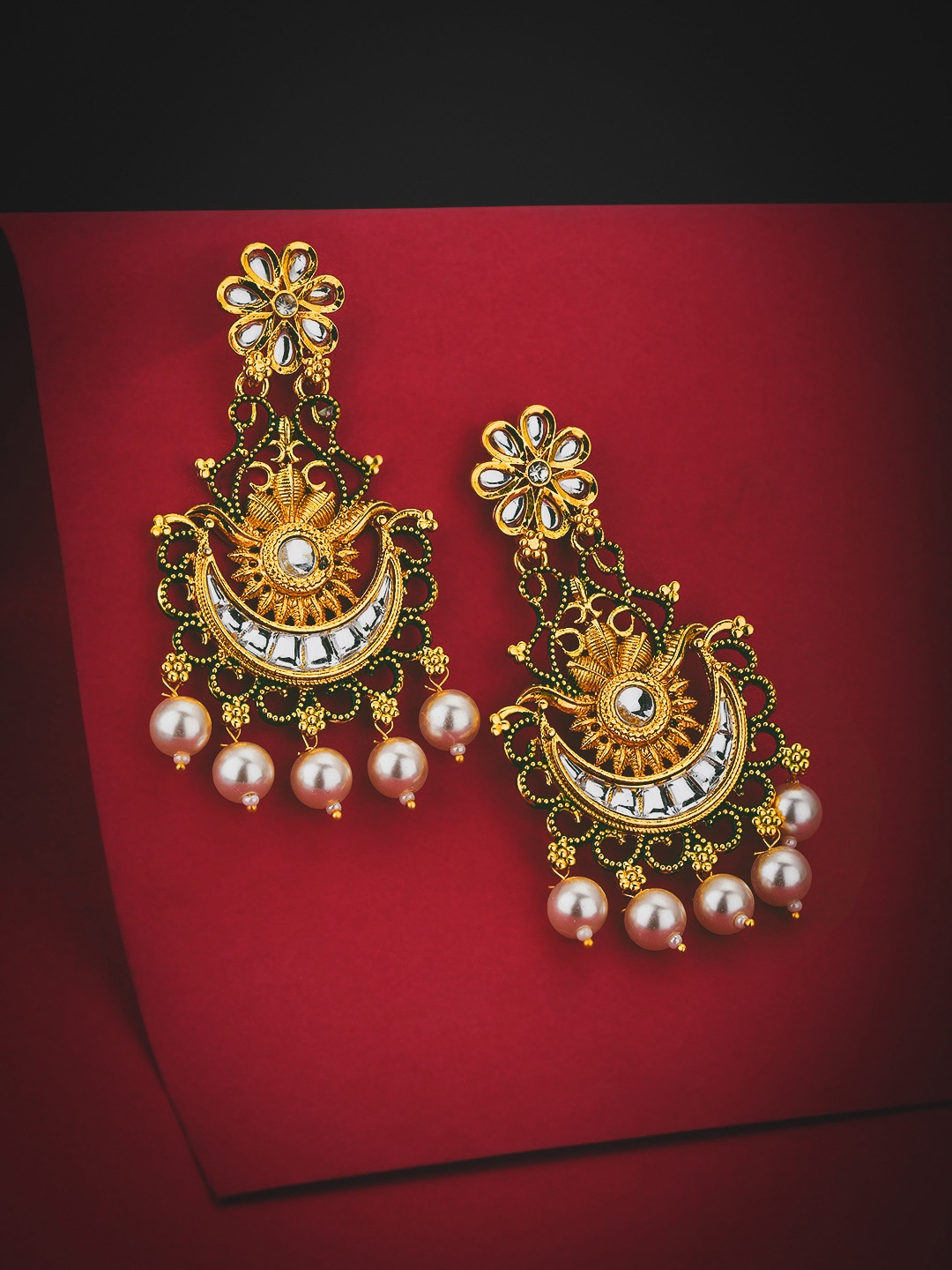 

KOLHA-BY CARLTON Gold-Plated & Green Pearl Beaded Enameled Chandbalis Earrings