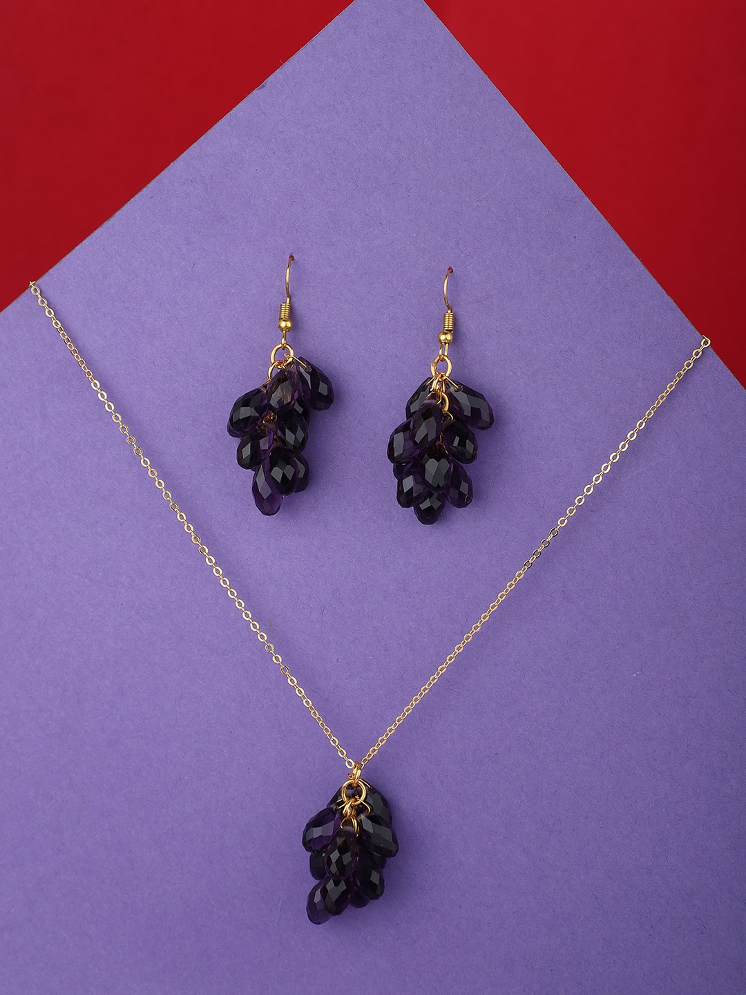 

KOLHA-BY CARLTON Gold-Plated Purple Drop Crystal Beads Necklace and Earrings Set