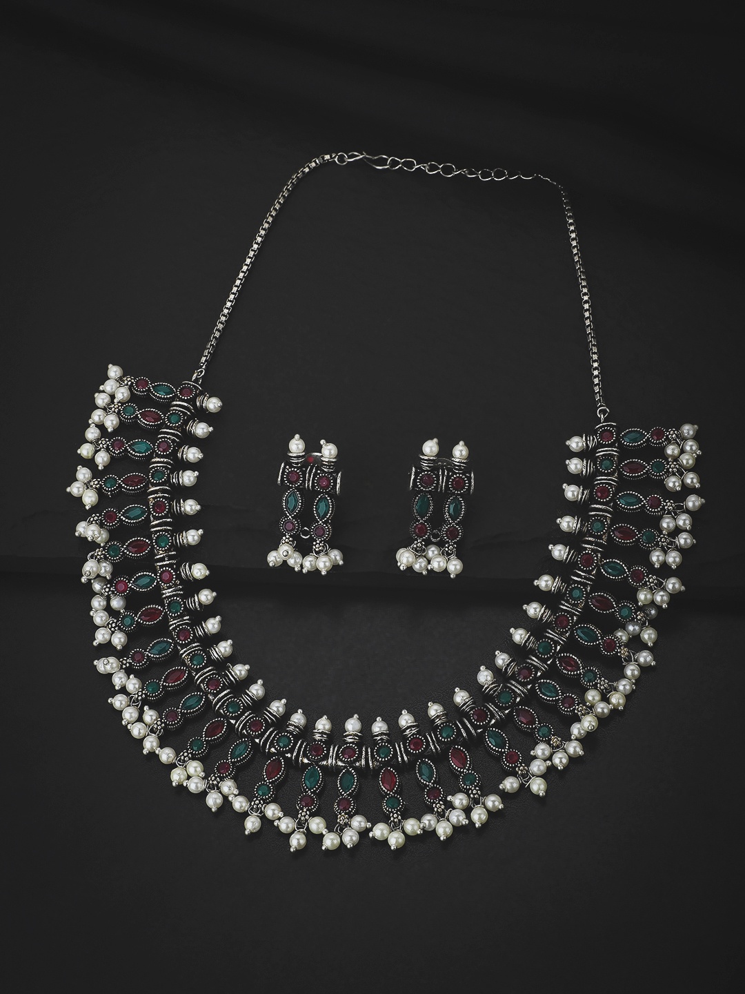 

KOLHA-BY CARLTON Silver-Plated Oxidised Red & Green Stone CZ & Pearl Studded Necklace Set