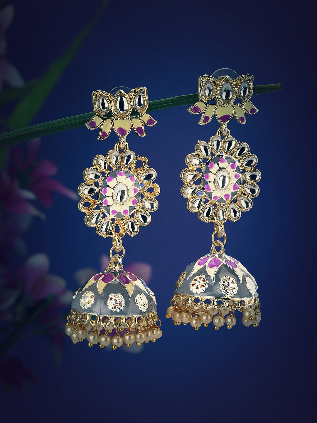 

KOLHA-BY CARLTON Gold-Toned & Grey Dome Shaped Jhumkas Earrings