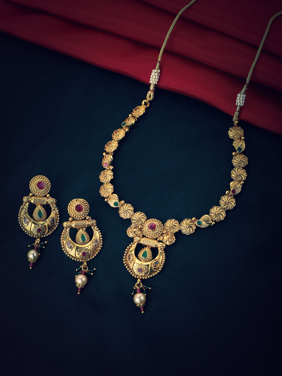 

KOLHA-BY CARLTON Handcrafted Gold Plated Red & Green Stone-Studded Pearl Necklace Set