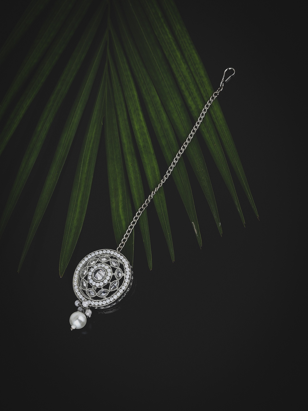 

KOLHA-BY CARLTON Silver-Plated Oxidised Studded Pearl Embellished Maangtikka