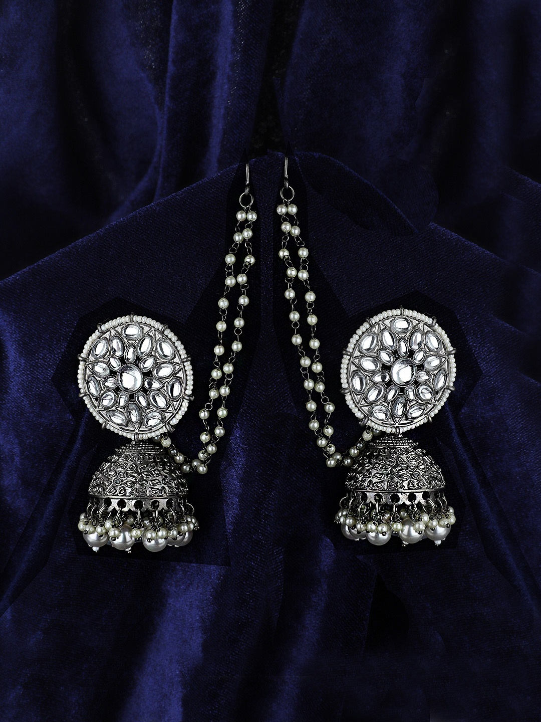 

KOLHA-BY CARLTON Silver-Toned & Off White Dome Shaped Jhumkas Earrings