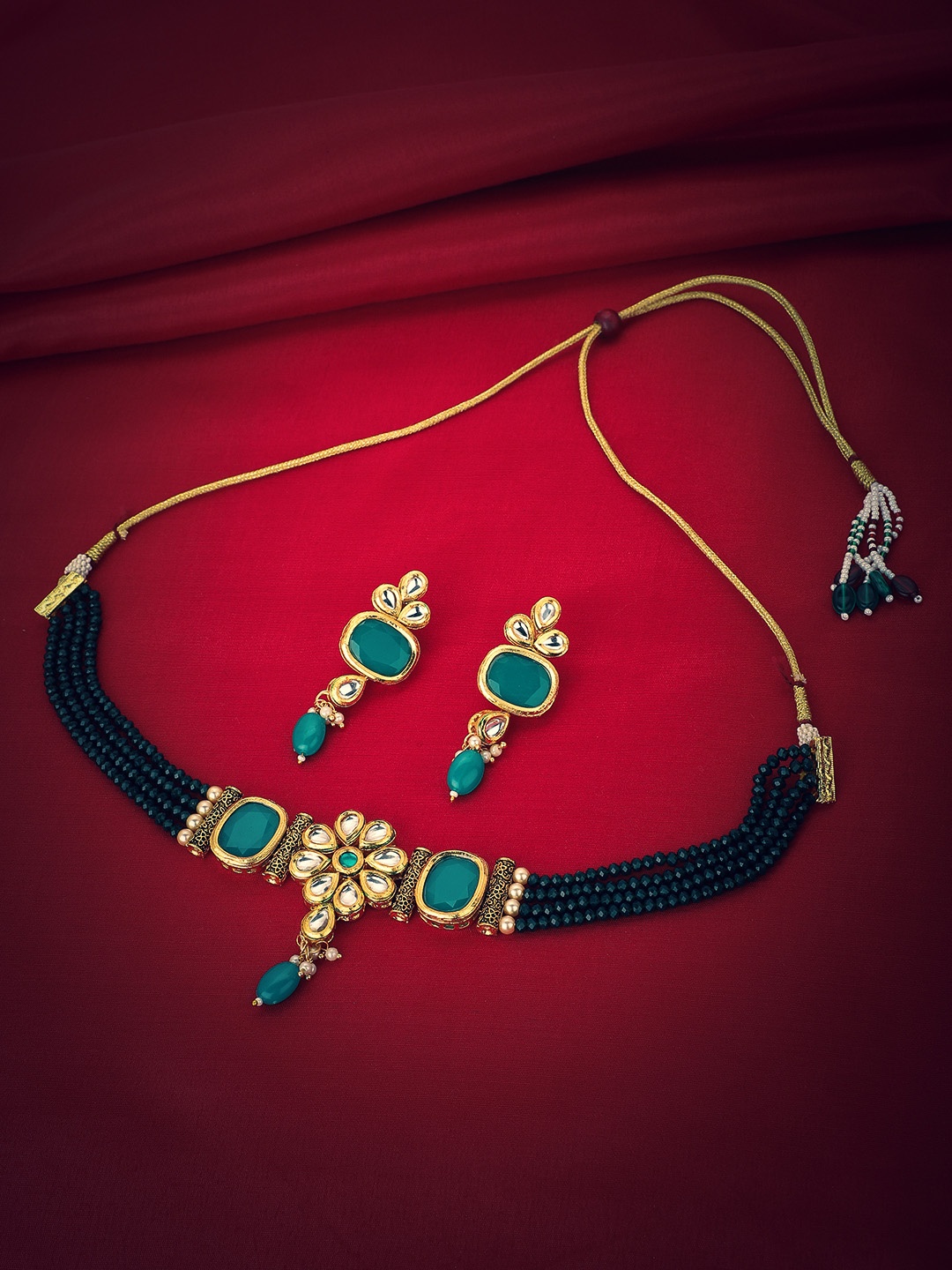 

KOLHA-BY CARLTON Gold-Plated Kundan & Green Stone Studded & Beaded Choker Necklace Set