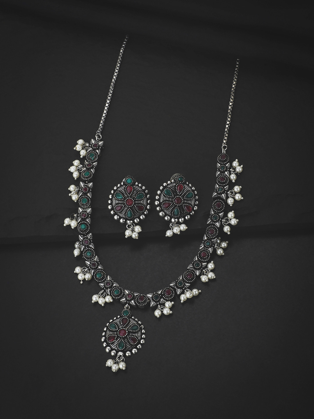 

KOLHA-BY CARLTON Silver-Plated Oxidised Green Stone Studded & Pearl Beaded Necklace Set