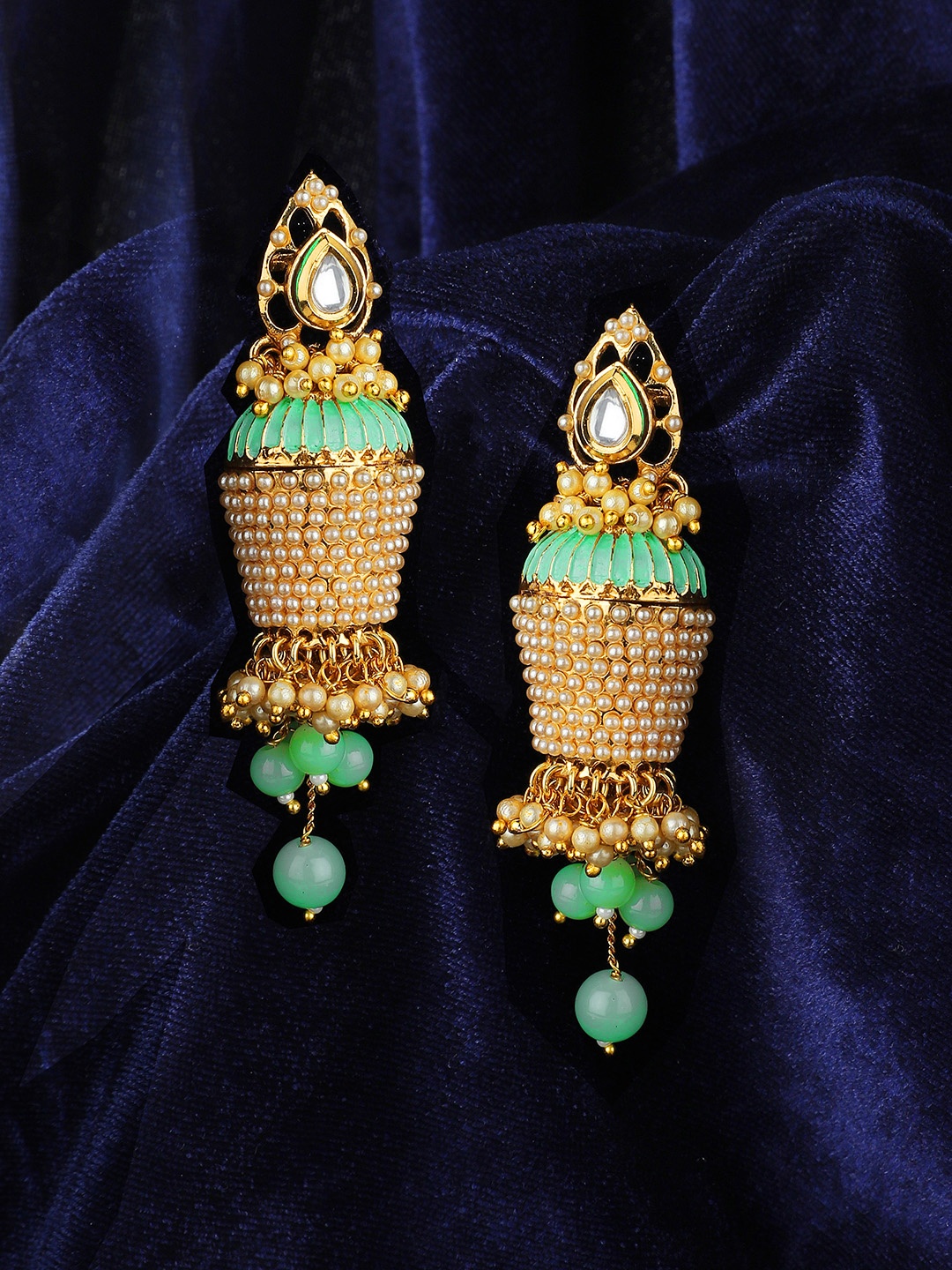 

KOLHA-BY CARLTON Gold-Toned & Green Dome Shaped Jhumkas Earrings