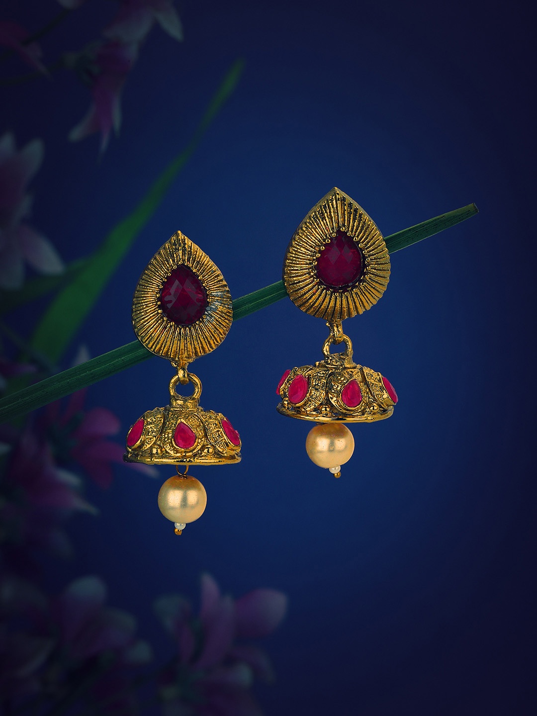 

KOLHA-BY CARLTON Gold-Plated & Pink Stone Pearl Jhumka Earrings
