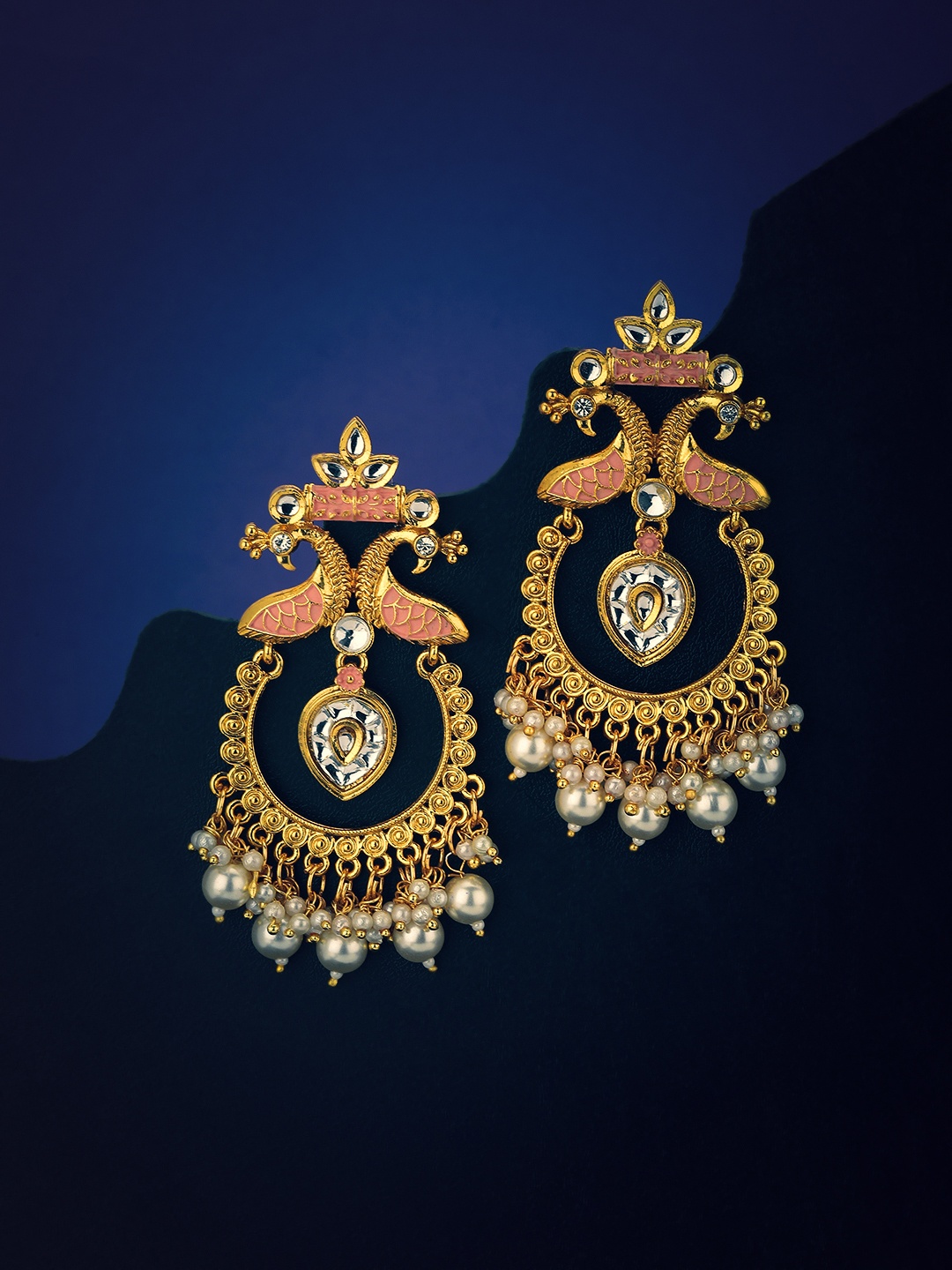 

KOLHA-BY CARLTON Gold-Plated & White Pearl Beaded Enameled Chandbalis Earrings
