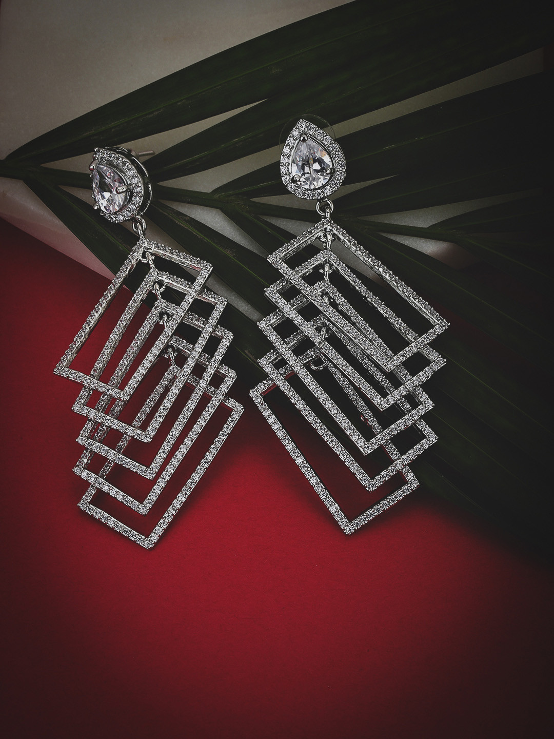 

KOLHA-BY CARLTON Silver-Toned Studded Contemporary Textured Silver Drop Earrings