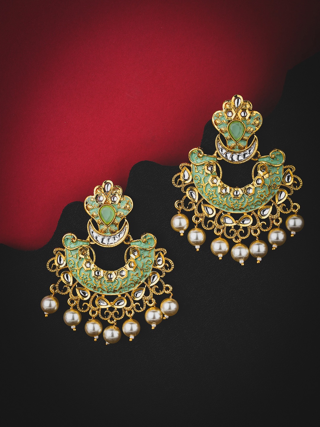

KOLHA-BY CARLTON Gold-Plated & Green Enameled Chandbalis Earrings