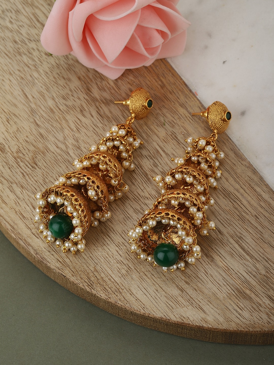 

KOLHA-BY CARLTON Gold-Toned & Green Dome Shaped Jhumkas Earrings