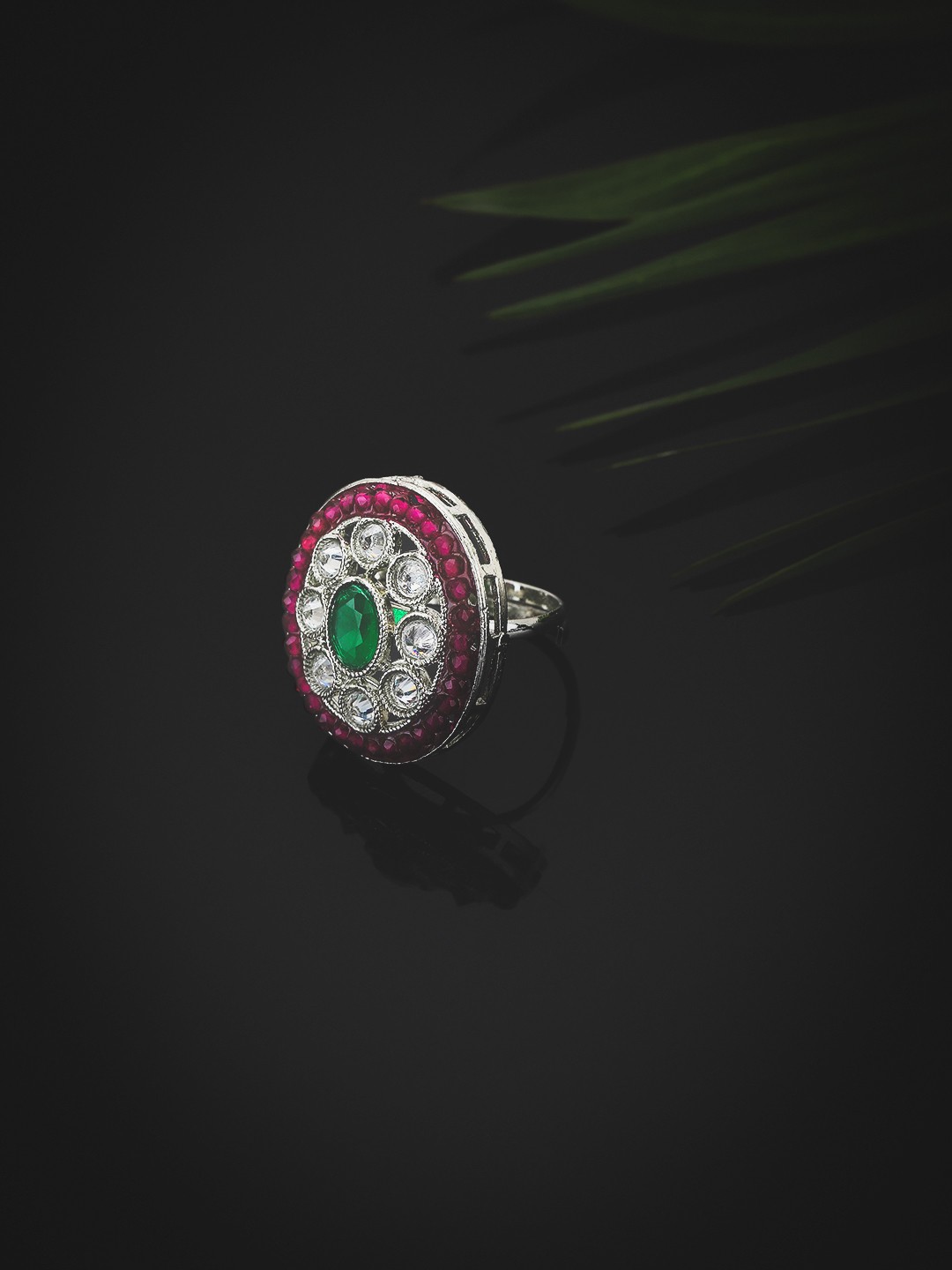 

KOLHA-BY CARLTON Red Silver-Plated Kundan-Studded Enameled Adjustable Finger Ring, Pink