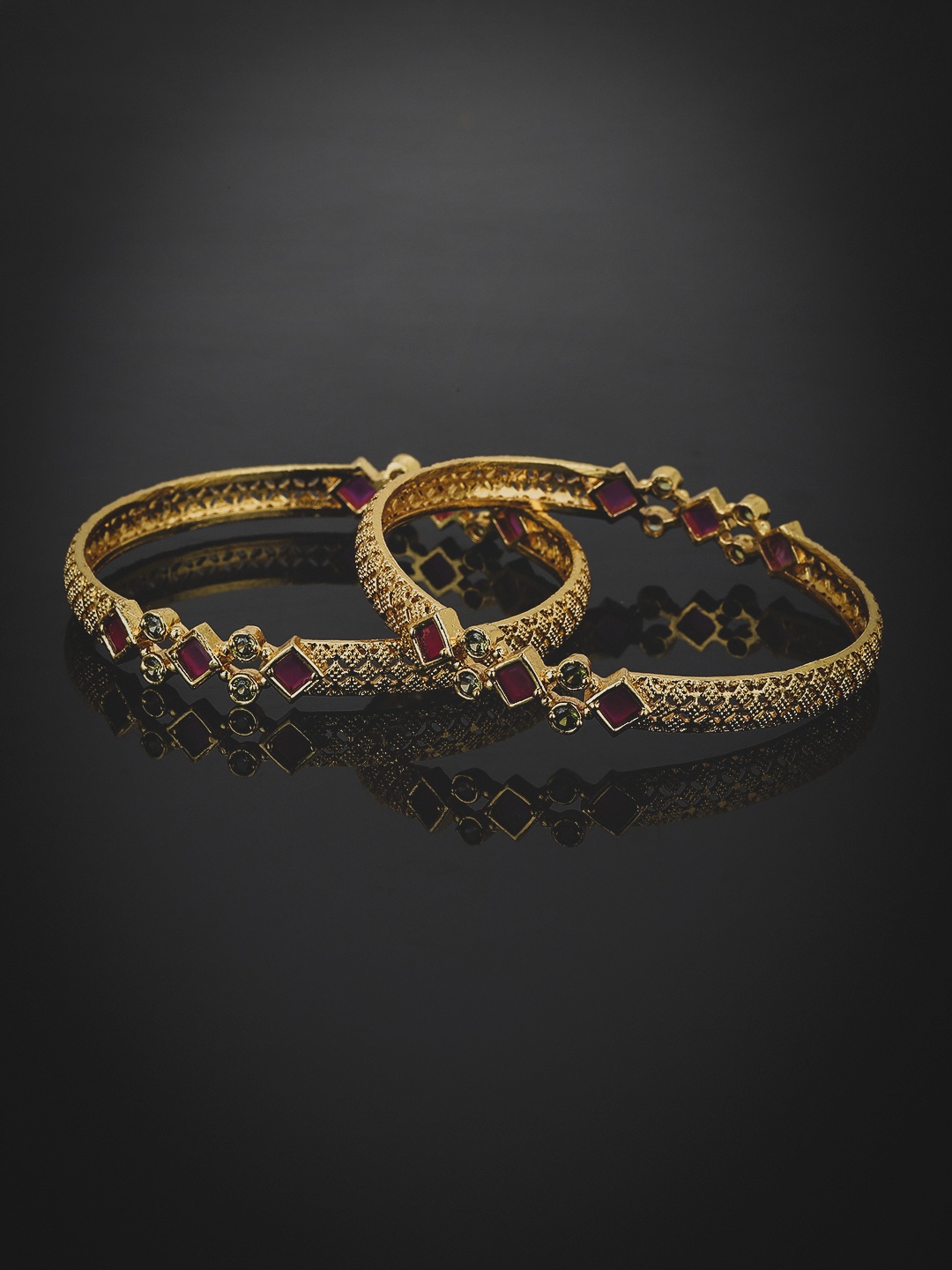 

KOLHA-BY CARLTON Set Of 2 Gold-Plated & Red Stone-Studded Handcrafted Bangles