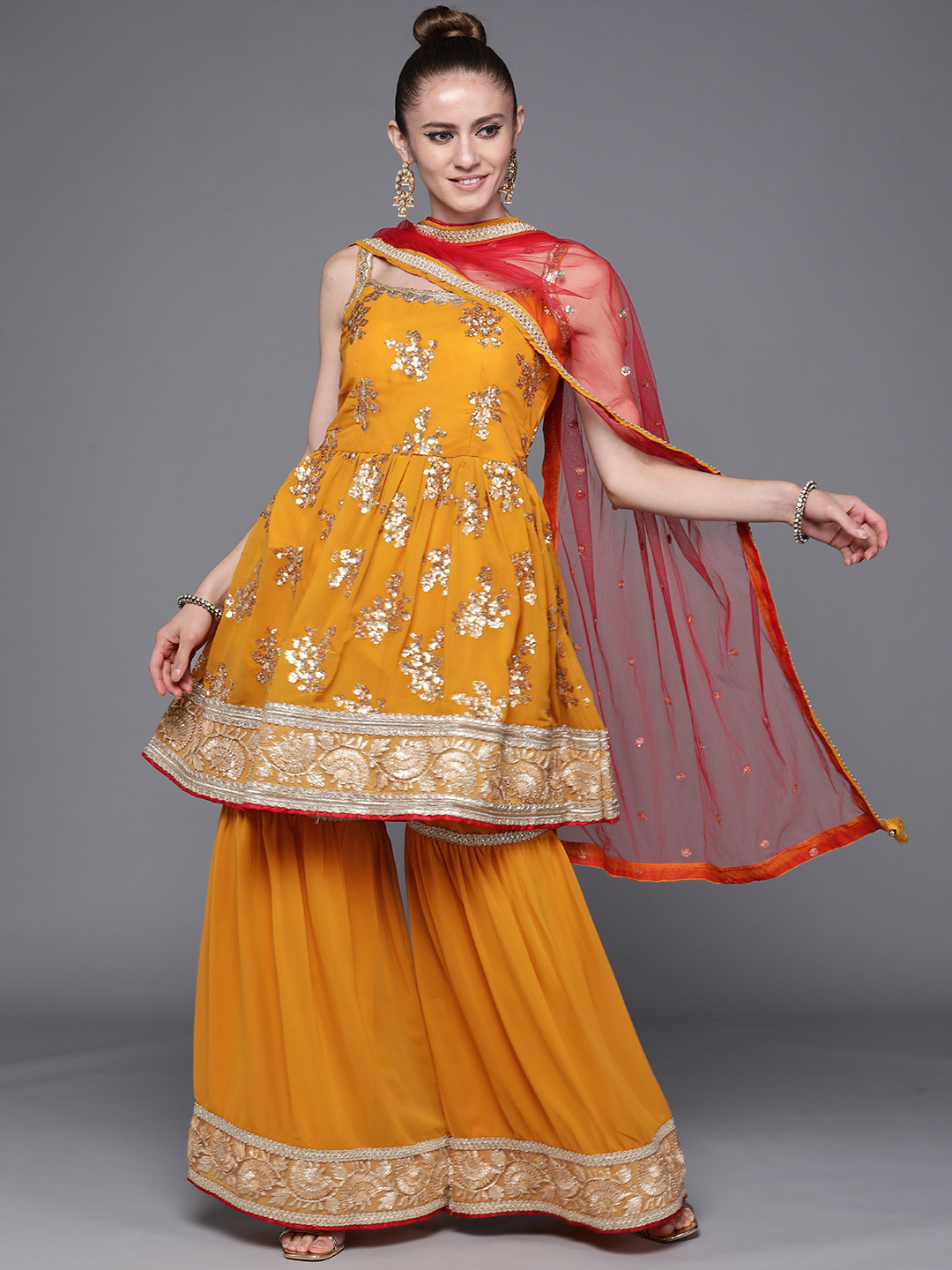 

Chhabra 555 Women Mustard Yellow Floral Embroidered Empire Sequinned Kurta with Sharara & With Dupatta