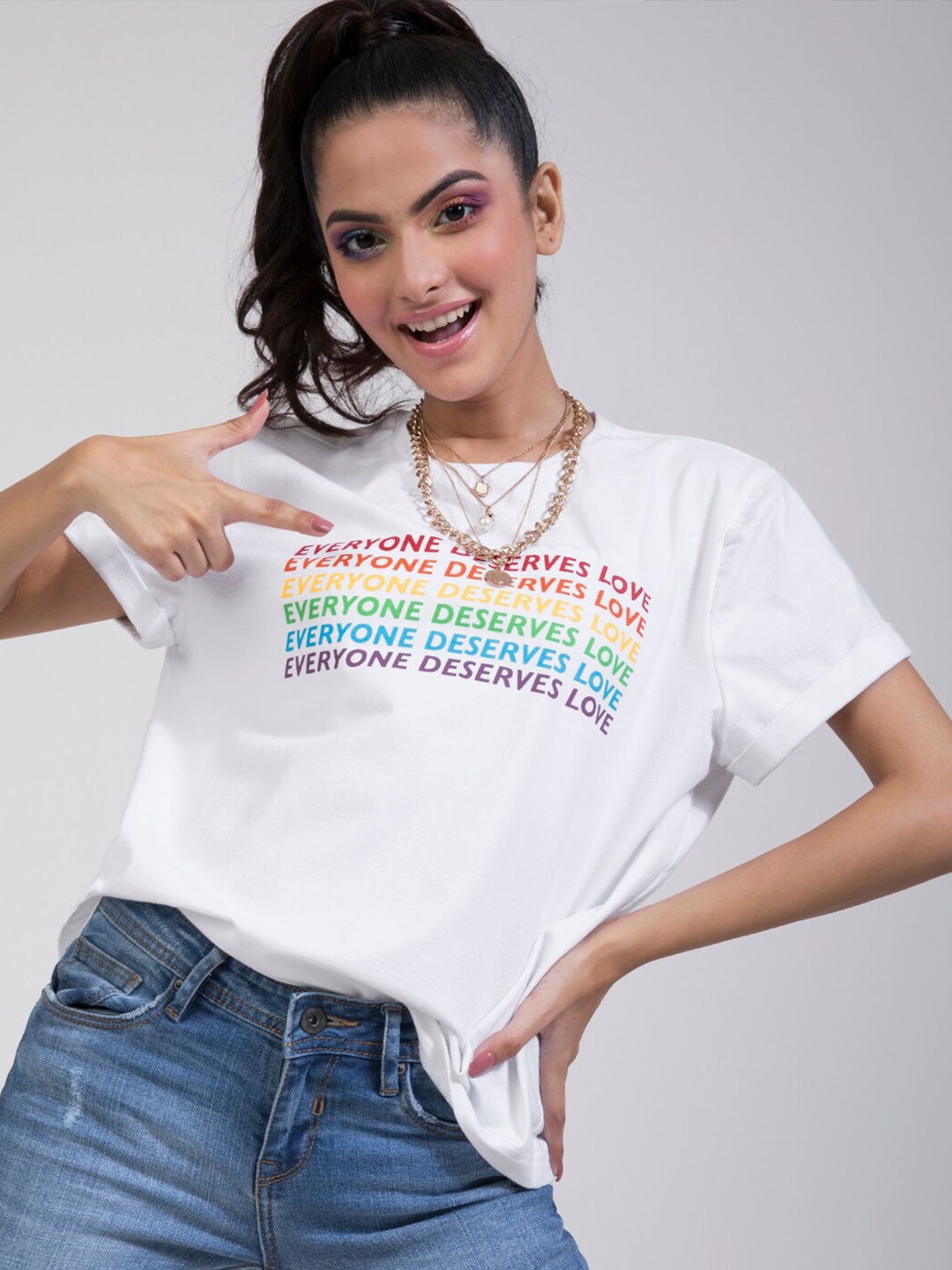 

FabAlley White Everyone Deserves Love Printed Top