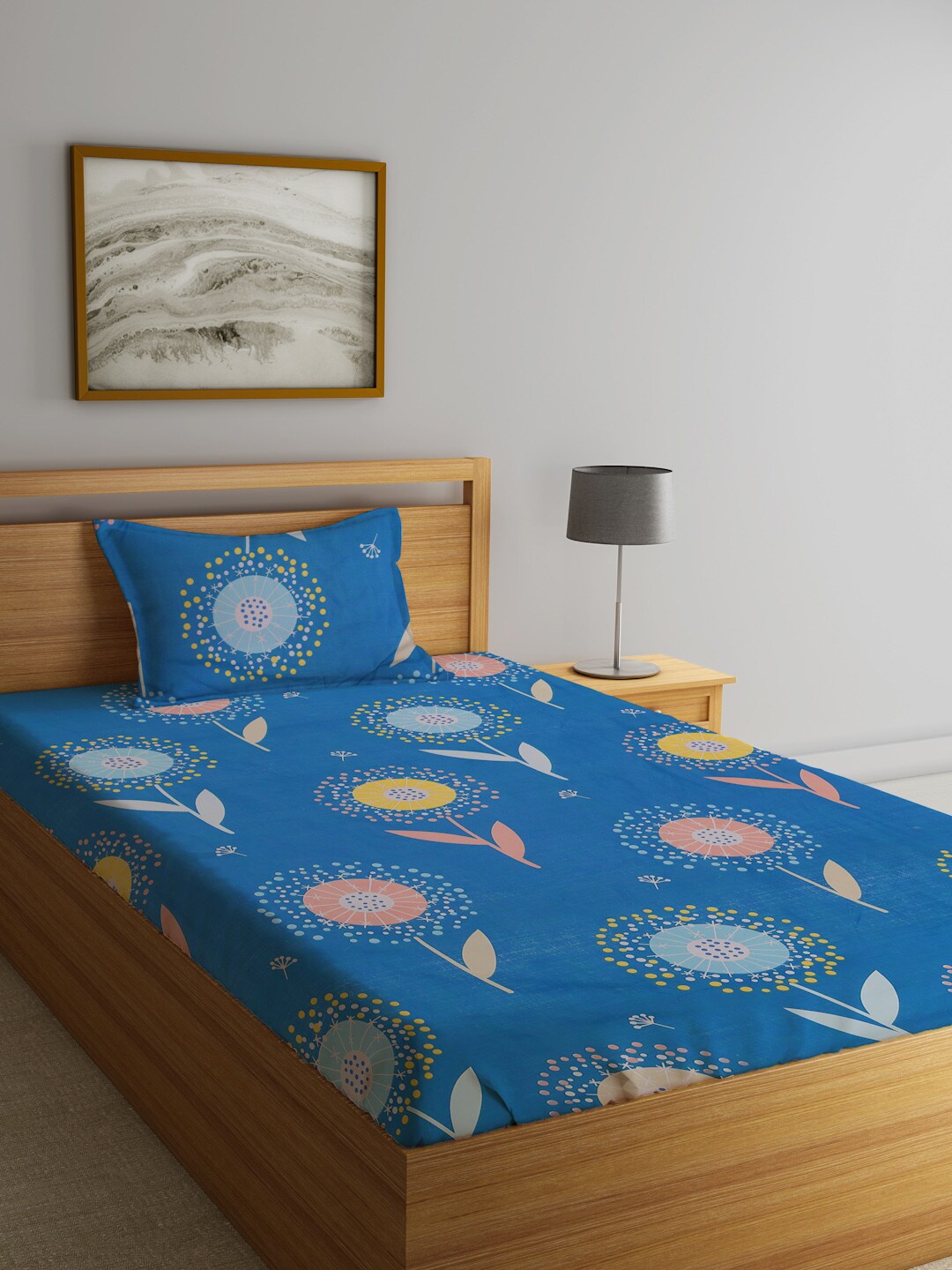 

Home Sizzler Blue & Yellow Floral 144 TC Single Bedsheet with 1 Pillow Covers