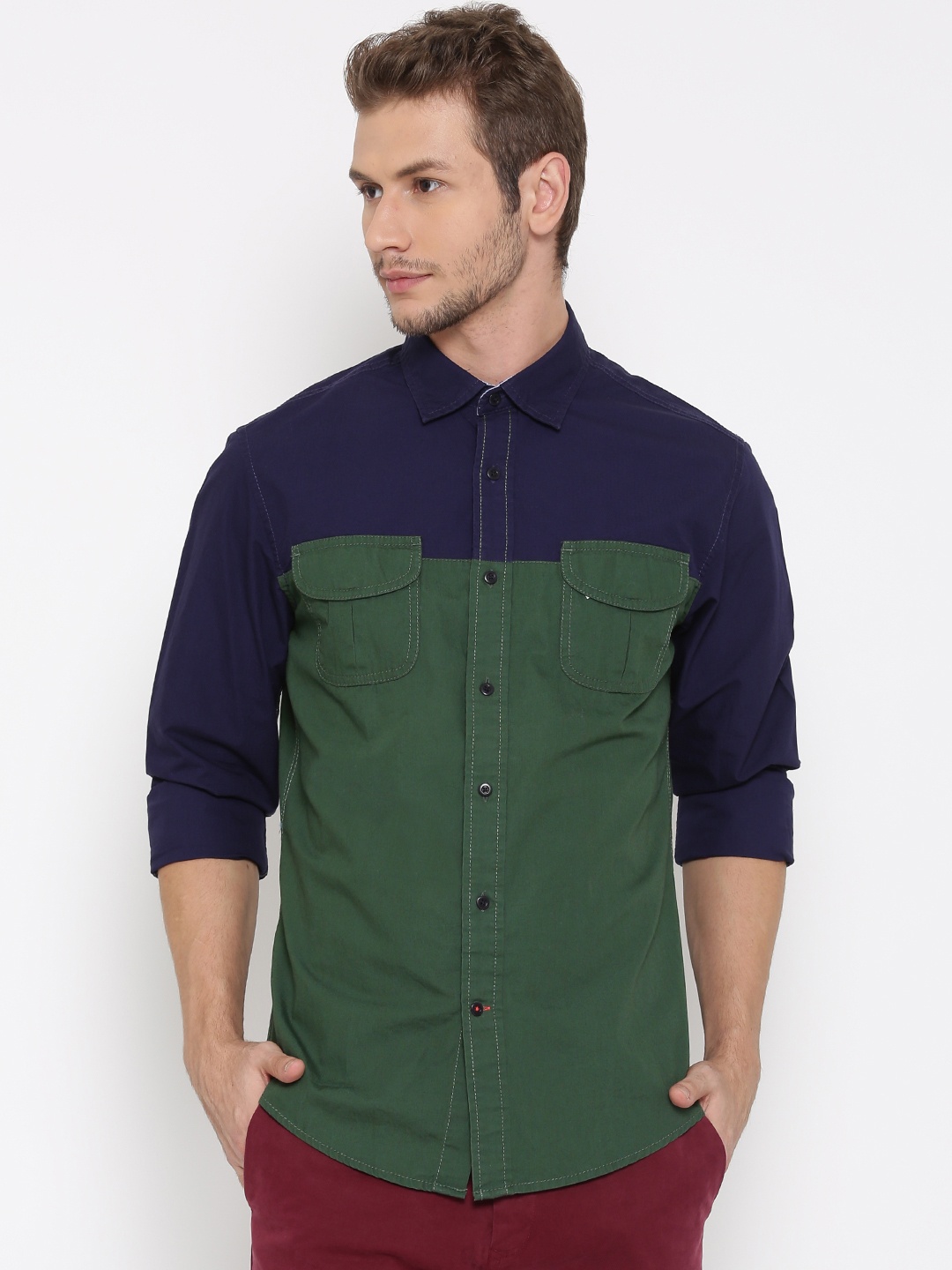 

Tommy Hilfiger Men Navy & Olive Green Colourblocked Casual Shirt, Navy blue