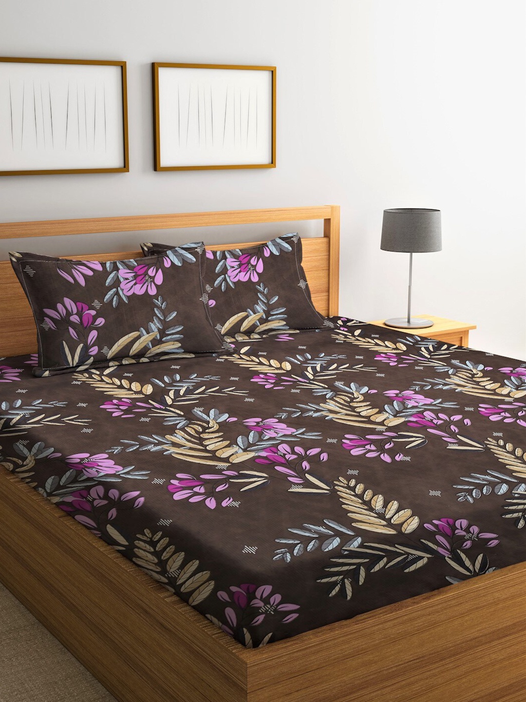 

Home Sizzler Brown & Pink Floral 144 TC Queen Bedsheet with 2 Pillow Covers
