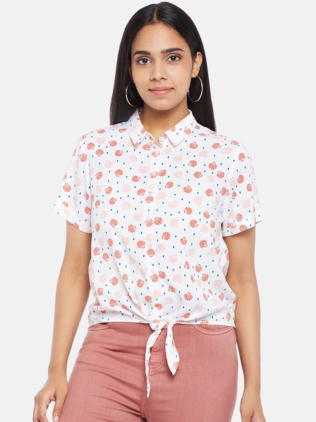 

People White & Orange Shirt Style Top With Waist Tie-Up