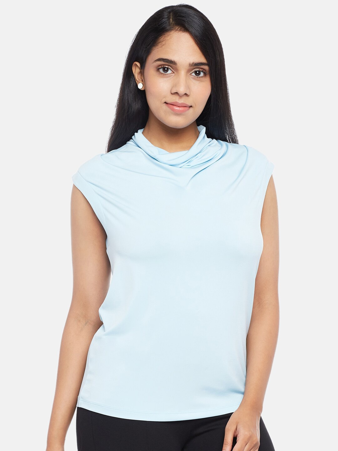 

Annabelle by Pantaloons Women Turquoise Blue Solid Cowl Neck Sleeveless Regular Top